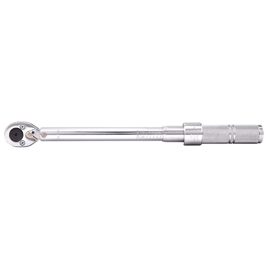 Photo of PROTO J6066C torque wrench with knurled handle, chrome finish, side angle on white background.