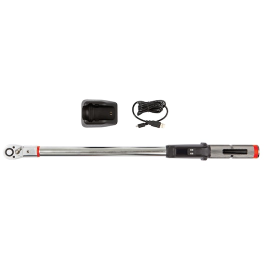 PROTO J6112BT electronic torque wrench with charger and USB cable, top view, white background.
