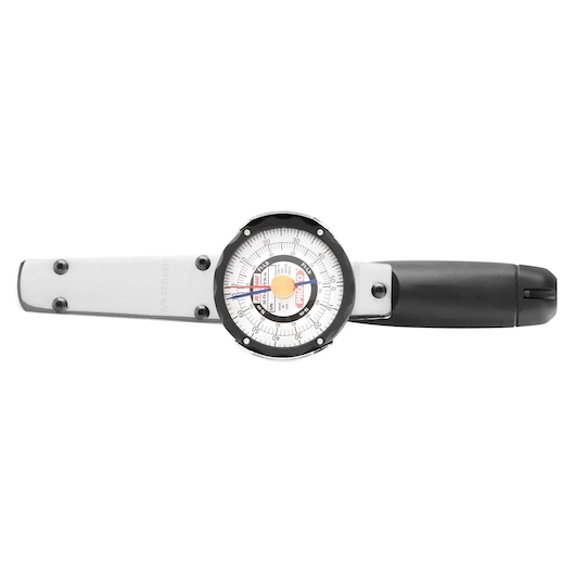 PROTO J6113NMF torque wrench with analog dial, silver metal handle and black grip, top view, white background.