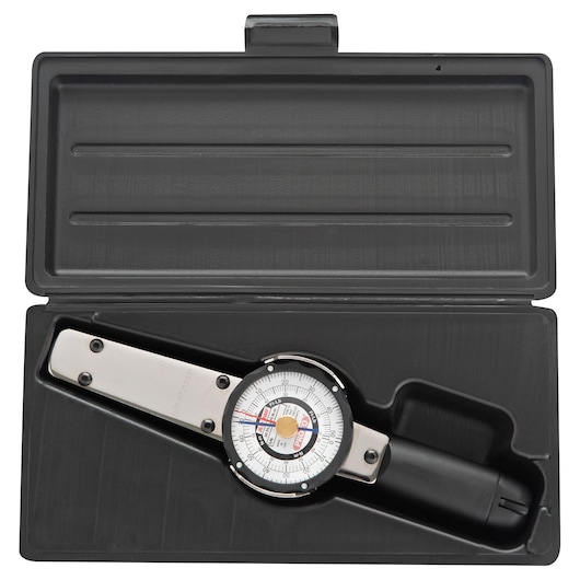 PROTO J6113NMF dial torque wrench in black case, top-down angle, silver handle, clear measurement dial.