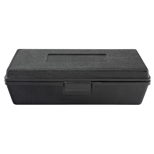 PROTO J6113NMF black textured plastic tool case, rectangular, closed, front angle on white background.