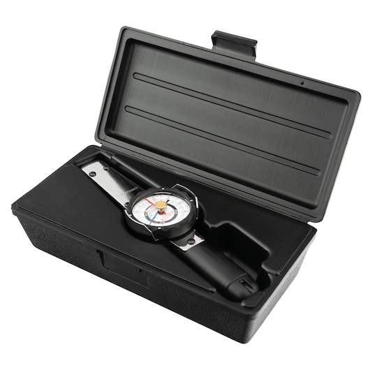 PROTO J6113NMF torque wrench with dial indicator in black plastic case, photographed at an angle on white background.
