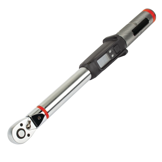 PROTO J6114BT digital torque wrench with silver handle, black grip, and LCD display on white background, angled view.