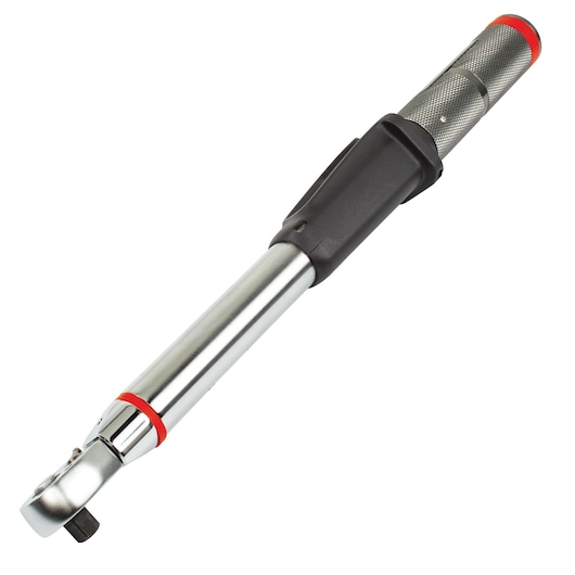 PROTO J6114BT torque wrench, chrome finish with red accents, side angle on white background.