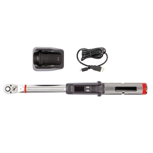 PROTO J6114BT digital torque wrench with charging dock and USB cable, top-down view on white background.