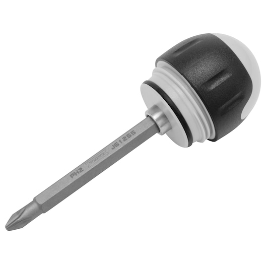Dual ratcheting multi-bit screwdriver in stubby position with 70mm bit on white background