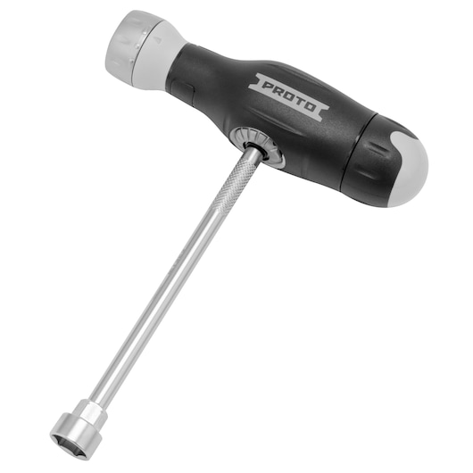 Dual ratcheting multi-bit screwdriver in t-handle position with socket on white background