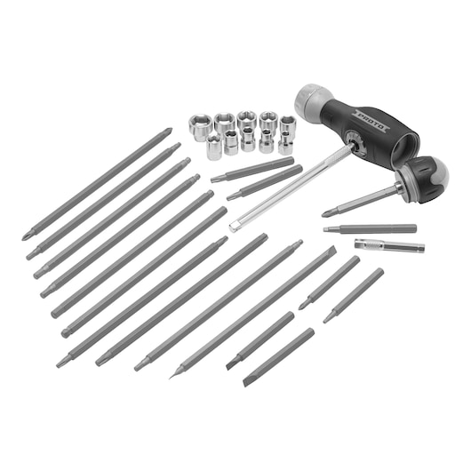 PROTO J61231 screwdriver set with black ergonomic handle, multiple bits and sockets, laid out on white background.
