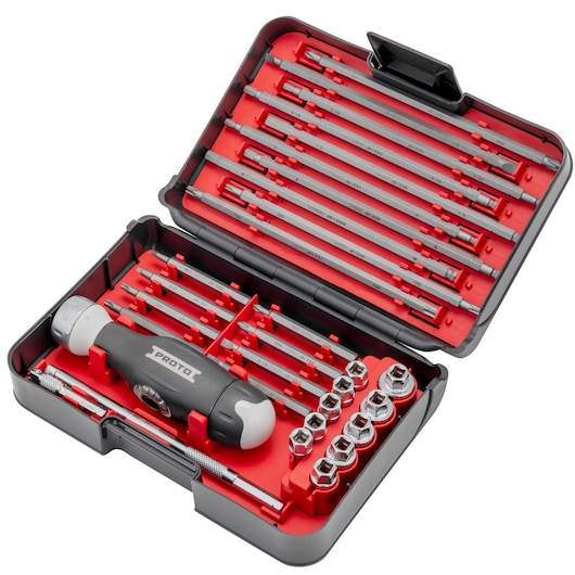PROTO J61231 ratcheting screwdriver and bit set in open black and red case, angled view.