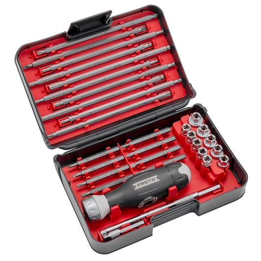 PROTO J61231 screwdriver and bit set in black and red carrying case, top angle, assorted bits and sockets visible.