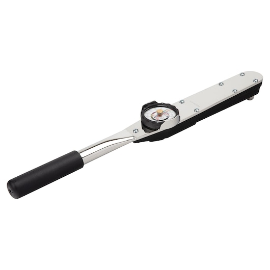 PROTO J6125F torque wrench with analog dial, black handle, side angle, white background.