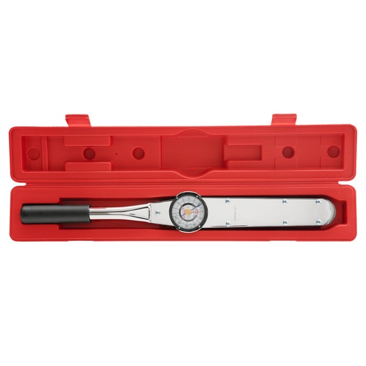 PROTO J6125F beam torque wrench with dial, black handle, in red hard case, top view on white background.