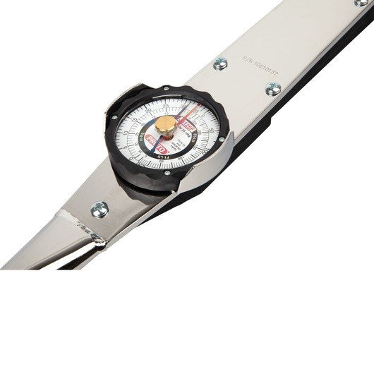 Close-up image of a Proto dial torque wrench with a metallic body and a circular gauge to measure torque, showing product details and fixing screws.