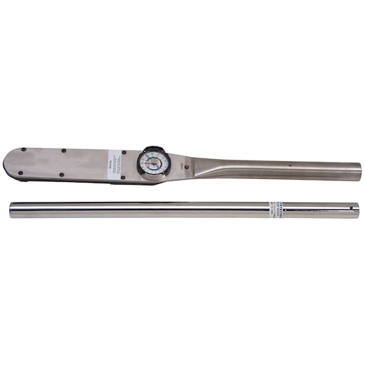 PROTO J6133F dial torque wrench with extension tube, silver metal, shown on white background, top view.