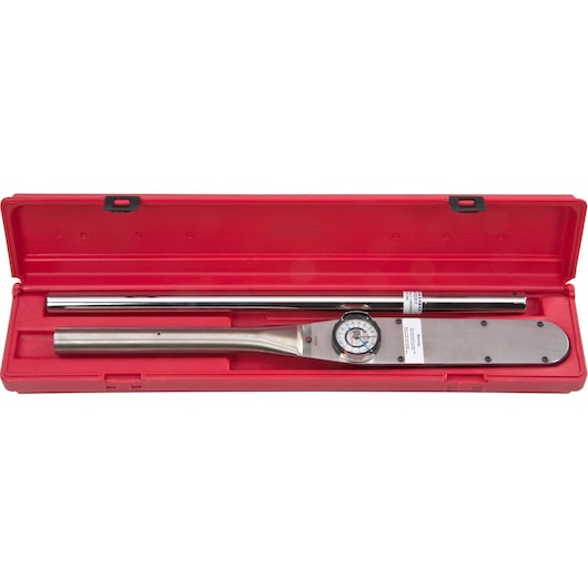 PROTO J6133F torque wrench with dial gauge in red hard case, photography shows top-down angle.