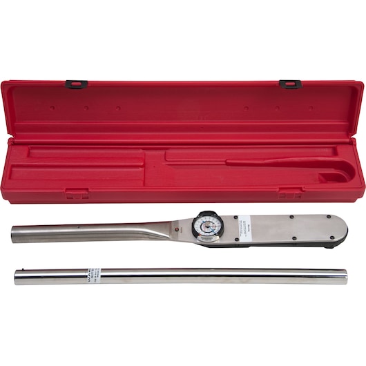 PROTO J6133F dial torque wrench disassembled with red carrying case, photographed from above on white background.