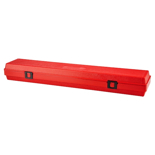 PROTO J6134F red rectangular hard plastic tool case with two black latches, shown on white background, side angle.