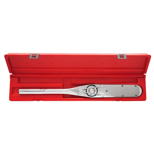 PROTO J6134F torque wrench in a red plastic case, photography from above on white background.