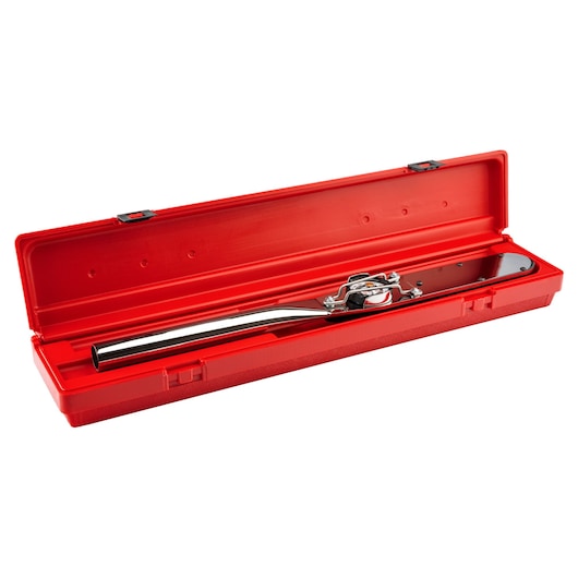 PROTO J6134F chrome torque wrench in red hard case, side angle on white background.