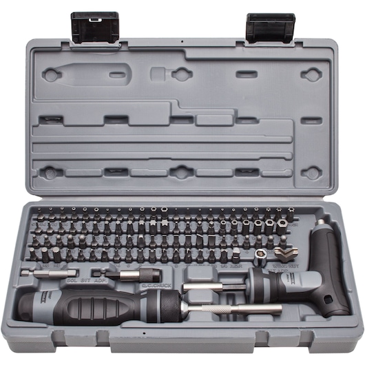 PROTO J61390 screwdriver bit set with multiple bits and handles in a gray plastic case, top-down view.