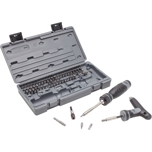 PROTO J61390 screwdriver and bit set with case, gray and black tools, photographed at an angled view.