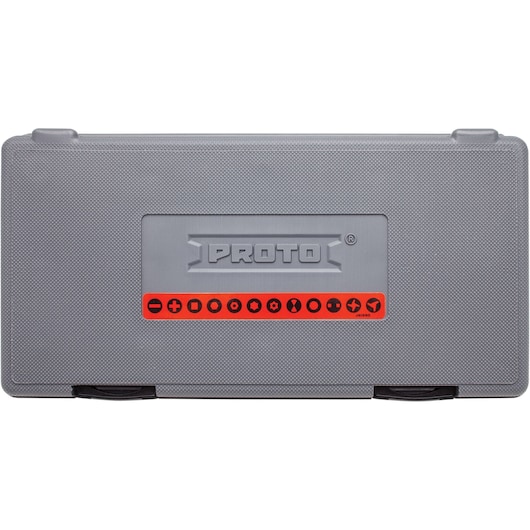 PROTO J61390 gray tool case with embossed logo and red label, front angle photography.