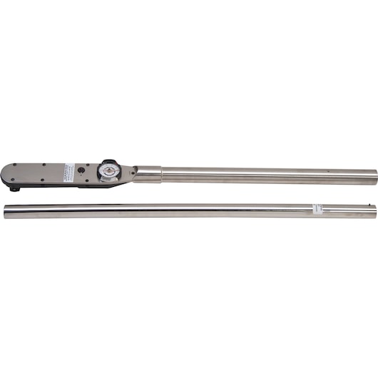 Photo of PROTO J6141F torque wrench with extension handle, silver metal, side angle, on white background.