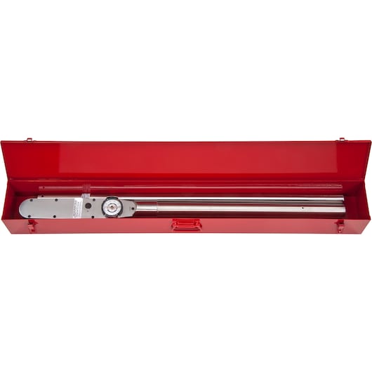 PROTO J6141F torque wrench in open red storage case, silver metal construction, front angle on white background.
