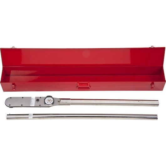 PROTO J6141F torque wrench with long metal handle shown disassembled next to a red metal storage case, front angle.