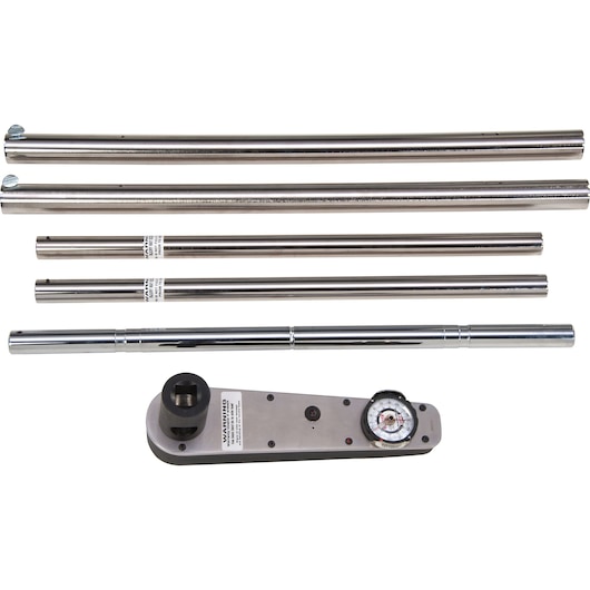 PROTO J6149F torque wrench set with six chrome extension rods and dial gauge, top-down view on white background.