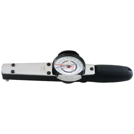 PROTO J6169NMF dial torque wrench, black handle, silver body, top view, photography on white background.