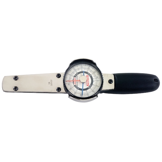 PROTO J6177F dial torque wrench with black handle, flat metal arm, and large circular dial, top view.