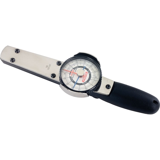 PROTO J6177F dial torque wrench with black handle, silver body, and analog gauge, front angle on white.