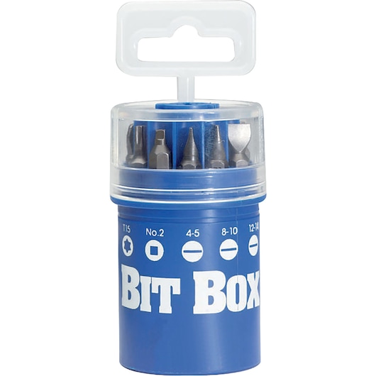 PROTO J61901 blue bit box set with assorted screwdriver bits, clear lid, handle, studio angle.
