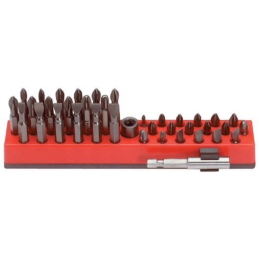 PROTO J61906 screwdriver bit set with assorted bits and holder in a red case, front view on white background.