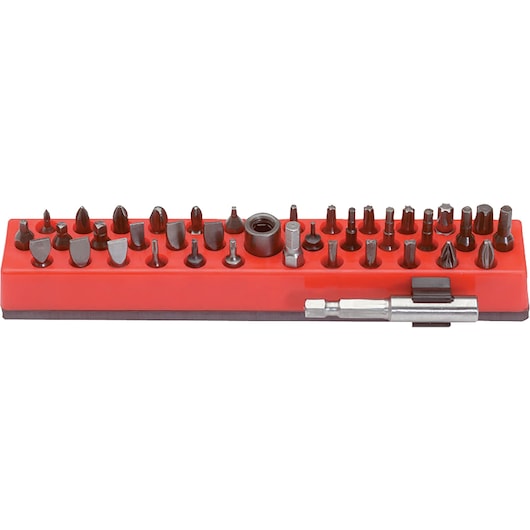 PROTO J61906 screwdriver bit set in red holder, front angle, assorted bits, photography.