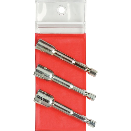PROTO three-piece nut driver set J61909HS, chrome finish, product photography, front angle, red holder