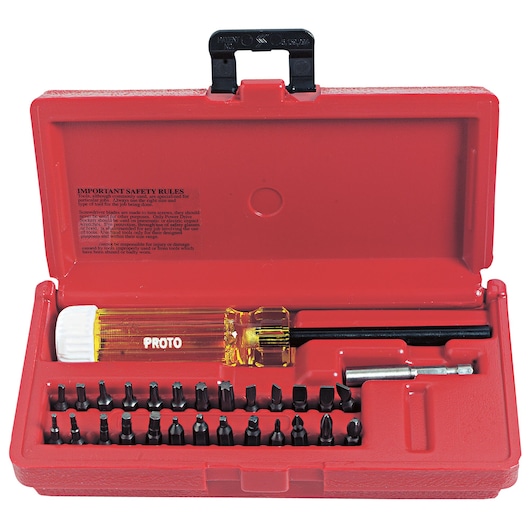 Photo of PROTO J61929 screwdriver bit set in red plastic case, with yellow handle and multiple assorted bits.