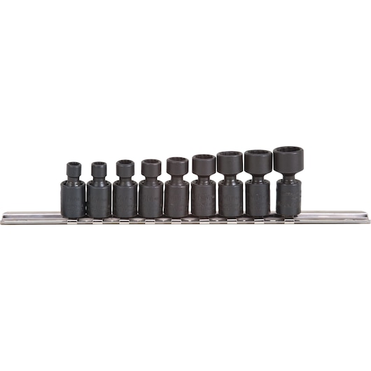 PROTO J62133M black impact socket set on rail, front angle, nine sockets in various sizes.