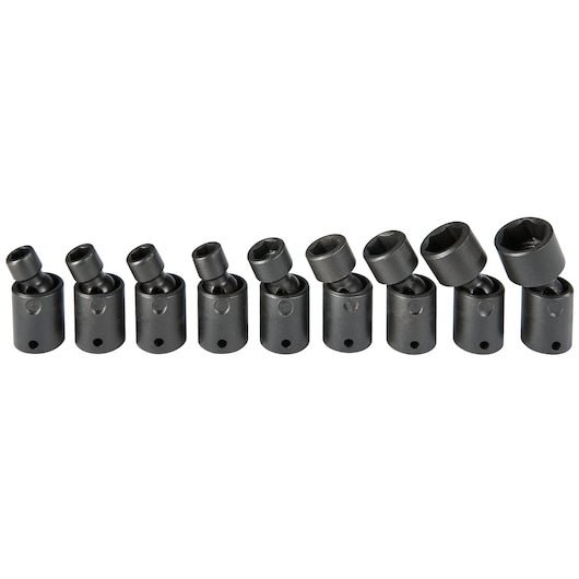 PROTO J62133M black impact universal joint socket set, 10 pieces, side angle on white background.