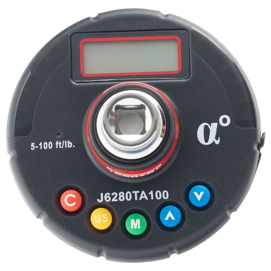 PROTO digital torque adapter J6280TA100 photography, top angle view showing LCD screen and colored control buttons.