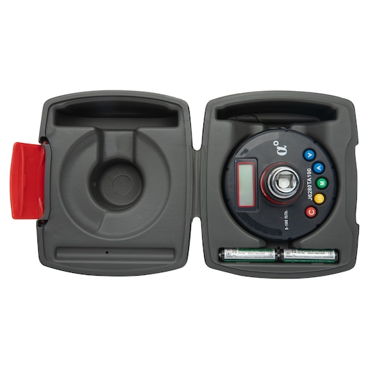 PROTO J6280TA100 electronic torque angle meter in black hard case, top view, with two AA batteries.