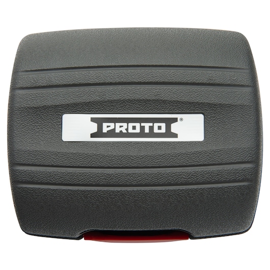 PROTO J6280TA100 black textured hard case, top view, featuring PROTO logo label, tool storage case.