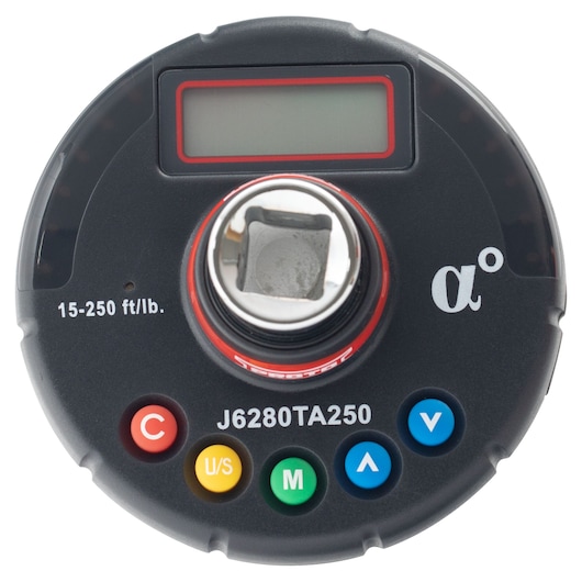 PROTO J6280TA250 digital torque wrench head, black with colored buttons and LCD screen, top view.