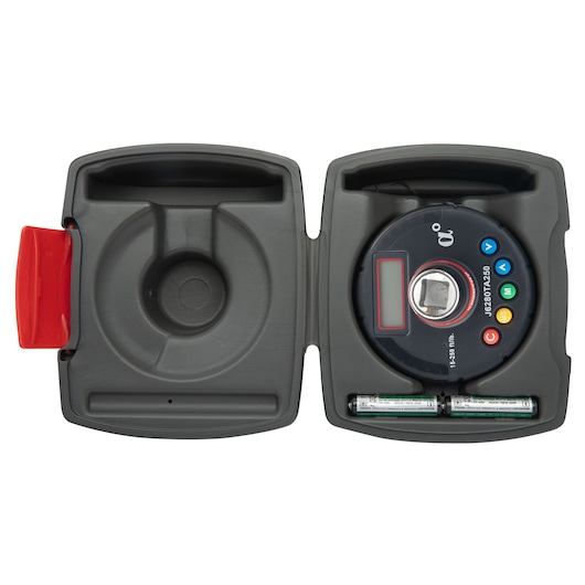 PROTO J6280TA250 electronic torque adapter in black hard case with batteries, top-down angle.