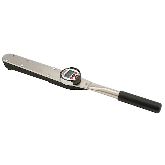 Digital torque wrench with a display and black grip handle, metal body and visible screws.