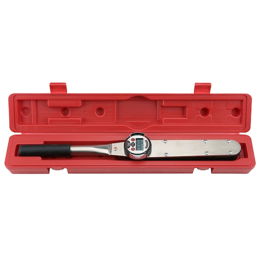 PROTO J6345B digital torque wrench with black handle and display, shown in open red case, front angle.
