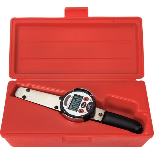 PROTO J6345 digital torque wrench with black handle in red case, top view on white background.