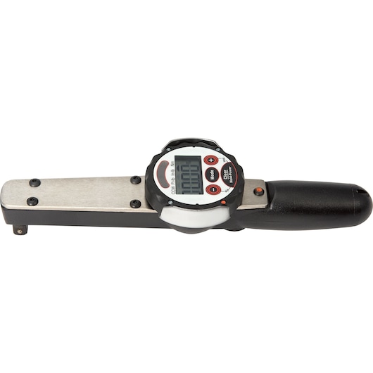 PROTO J6345 digital torque wrench with black handle, large LCD display, and silver shaft, top angle.