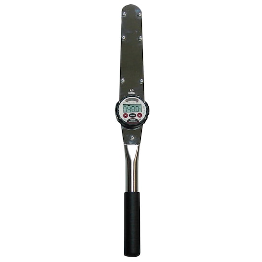 Photo of PROTO J6346 digital torque wrench, silver body, black handle, straight-on angle, white background.